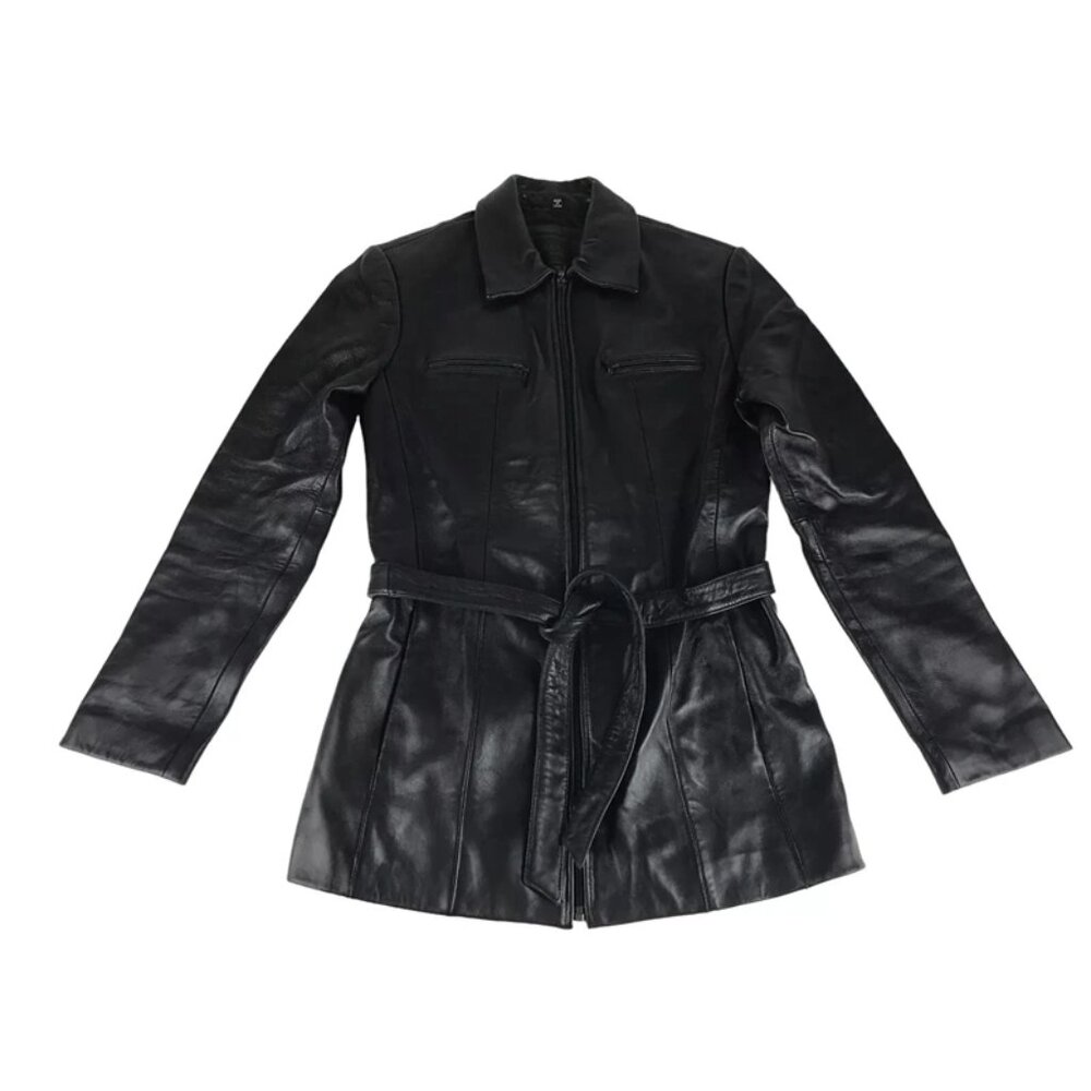 Avanti‎ New York Womens Black Leather Long Sleeve Belted Full Zip Jacket Size S